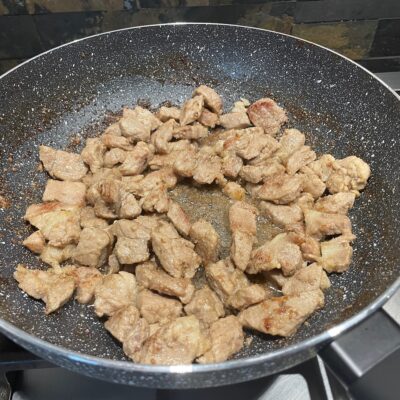 Put oil to the meat and let the meat get tender and brownish