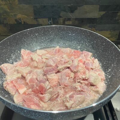 Water and Pork until water evapurates for Pakbet recipe