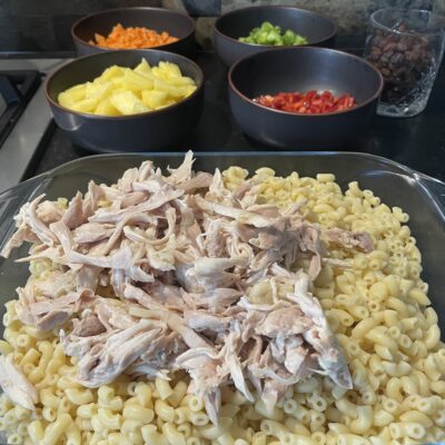 Shredded chicken on top of Macaroni with vegetables at the back